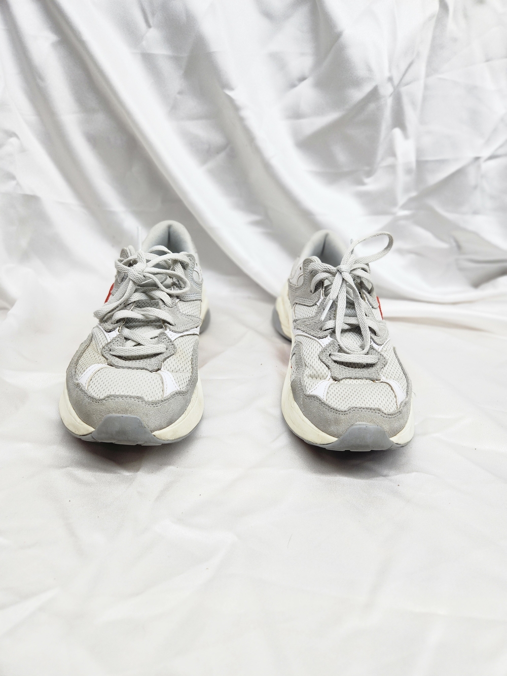 Nike Women's Gray and White Sneakers with Red Accent